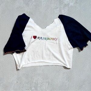 Vintage 90s I Love Rainbows Raglan Tee Crop Top Deconstructed Skater V-Neck S